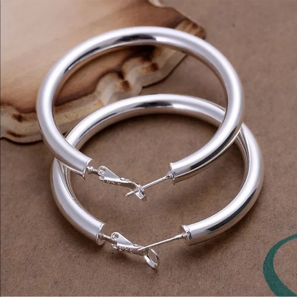 New Silver Large 50mm Round Circle Hoop Earrings - Picture 2 of 8
